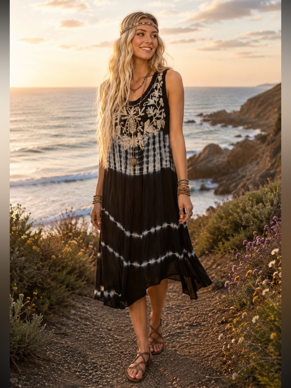 Boho Hippie Tie-Dye Dress Free Size - Fits like L/XL